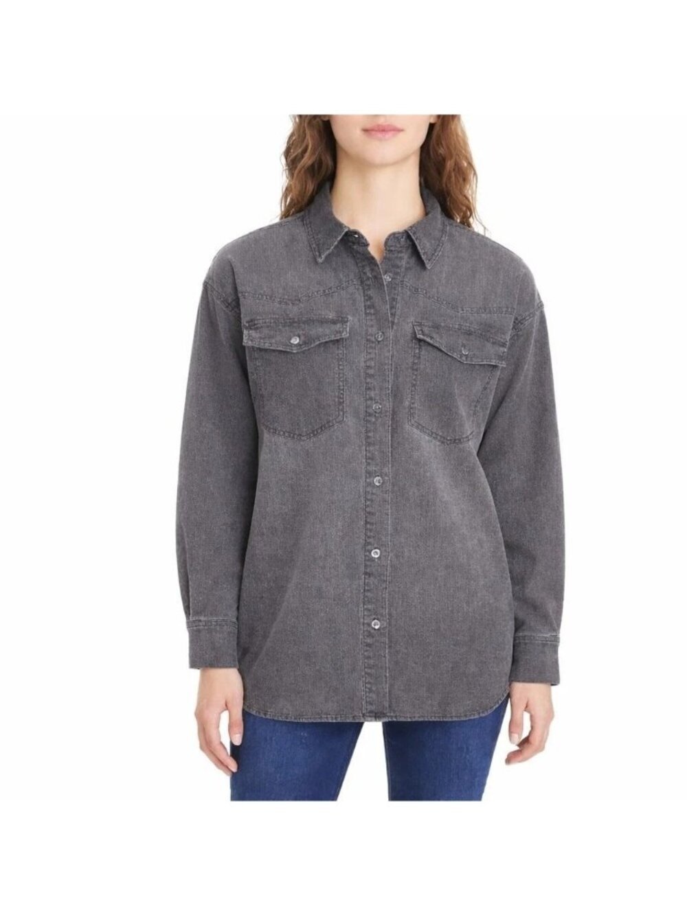 Gloria Vanderbilt Denim Button-Up Shirt Women XL Gray Chambray G2254